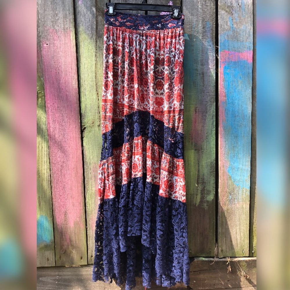 Free People High Waist Hi Low Printed Lace Skirt